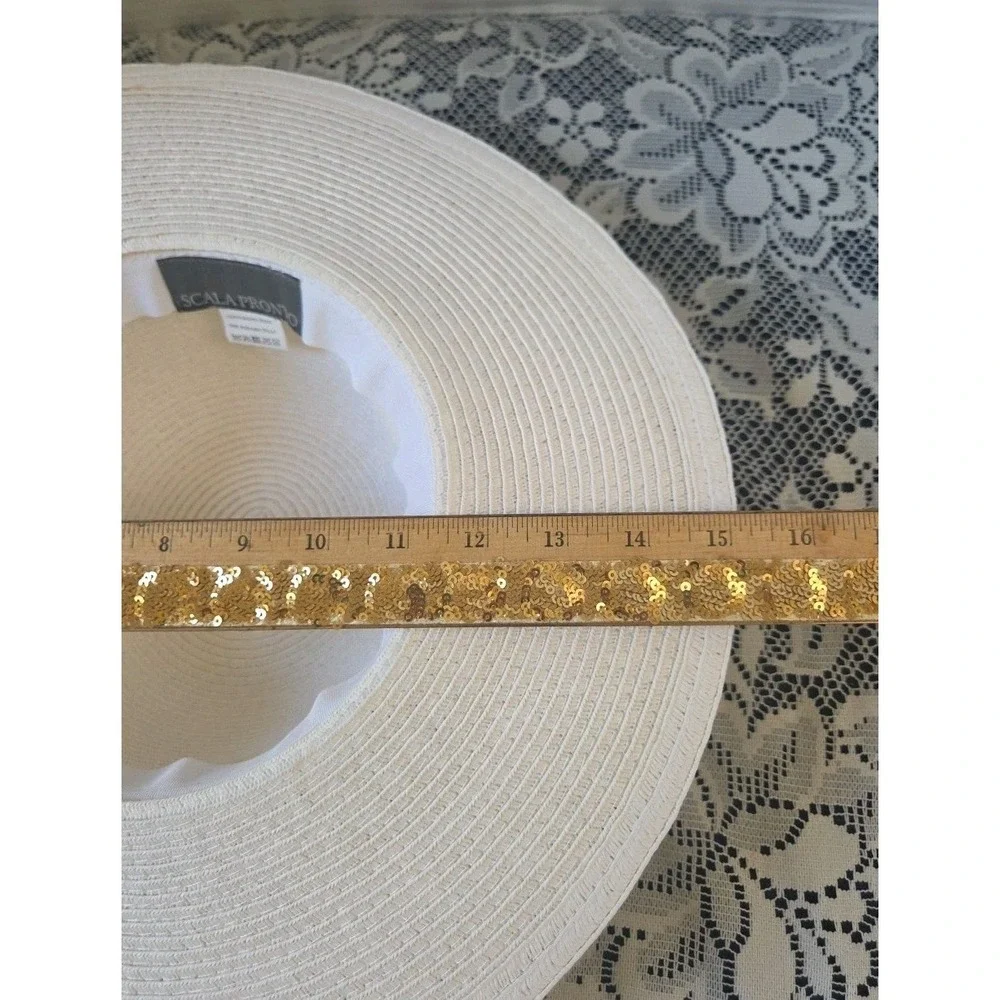Scala Pronto Wide Brim Hat White Silver‎ Rhinestone OS Beach Vacation Resort
